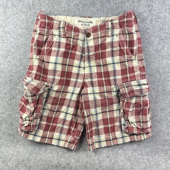 Abercrombie Fitch Cargo Shorts Mens 30 Y2K Baggy Plaid Red Blue Heavyweight Surf - Picture 1 of 12